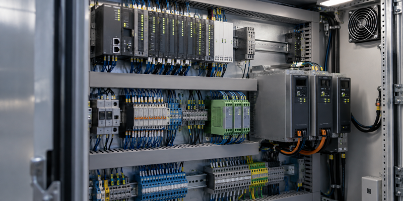 Industrial control cabinet with sensor interfaces, signal-conditioning modules, and motor-control electronics