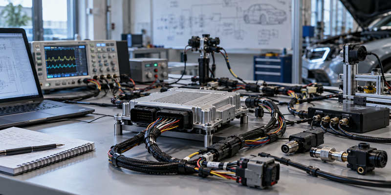 Prototype vehicle electronics bench with sensor interface, controller, and engineering test hardware